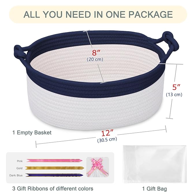 COMSE Small Gift Basket Empty with Bag & Ribbons, Navy Blue & White | Cotton Rope, 12"x 8"x 5", Pet Toy Storage Organizer, Woven Basket for Birthdays, Baby Showers, Mother’s Day, Valentine’s Day
