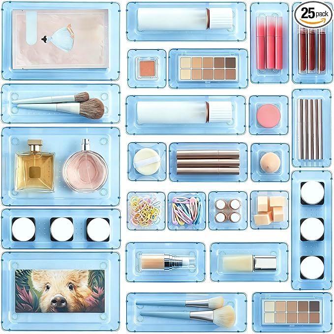 Vtopmart 25 Pack Plastic Drawer Organizers with Non-slip Rubber Pads | 4-Size Versatile Makeup Organizer, Storage Containers Small Bins for Makeup, Jewelries, Bedroom, Kitchen Utensils and Office