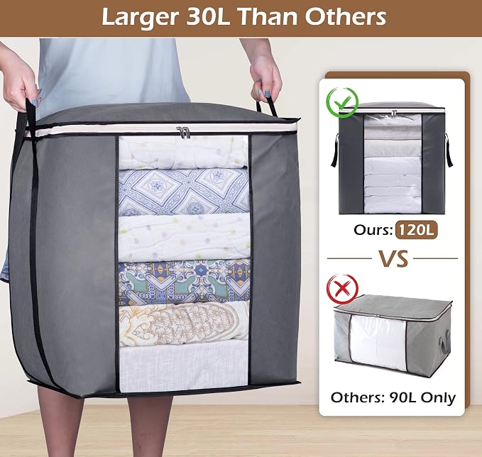 SLEEPING LAMB 120L Extra Large Blanket Storage Bags Breathable Clothes Storage Containers for King Comforter Bedding Pillow Sheet, Grey, 2 Packs