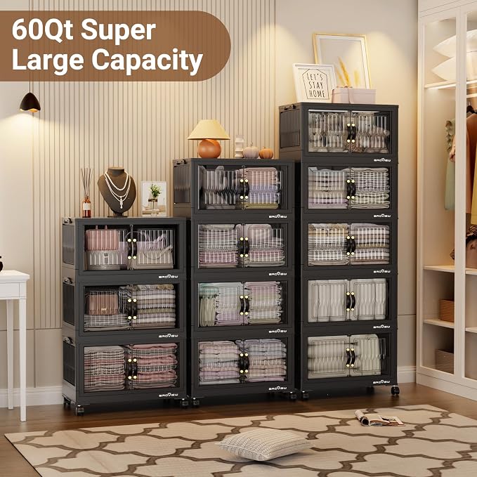 BROVIEW 180Qt Stackable Storage Bins with Lid for Home Dorm, 3Pack Black | Closet Organizers, Foldable & Collapsible Cabinets, Large Containers, Wheels & Magnetic Doors, Plastic Drawers for School