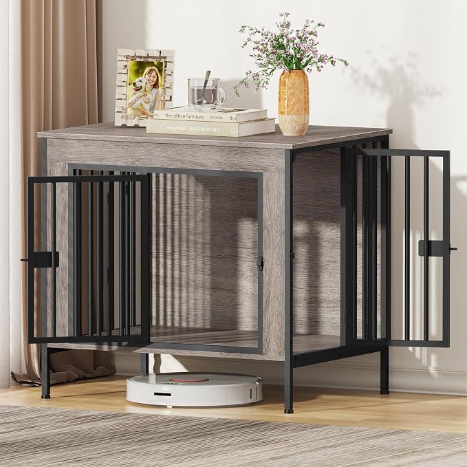 EasyCom 28.15" Dog Crate Furniture for 1 or 2 Dogs, Oak Grey | Fits Dogs 0–20 lbs, Heavy Duty Indoor Kennel, Multiuse TV Stand for Small Dog