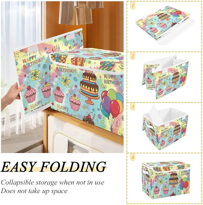 Fabric Storage Bins with Lid Birthday Cake Closet Storage Basket 40L | Decorative Storage Boxes, Foldable & Stackable, Dust-Proof Flip Top, Reinforced Handles, For Home & Dorm, Clothes & Toy Box