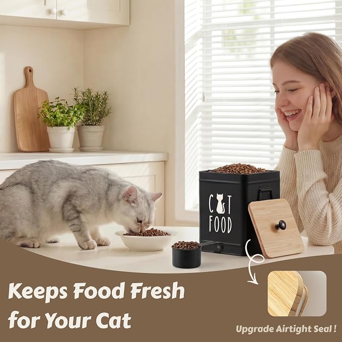 PERFNIQUE Cat Food Storage Container, Airtight Cat Treat Container with Bamboo Lid, Pet Food Storage for Kitchen Countertop, Treat Jars for Pets, Cat Food Container (Black, with Spoon)