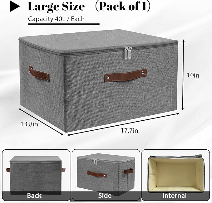 ANMINY Storage Box Fabric Bins with Zipper Lid, 17.7"x13.8"x10" Black | Keepsake Box, Decorative, Cotton Linen, Reinforced PP Board Frame, Washable, Stackable & Foldable, Label Holder & PU Handles