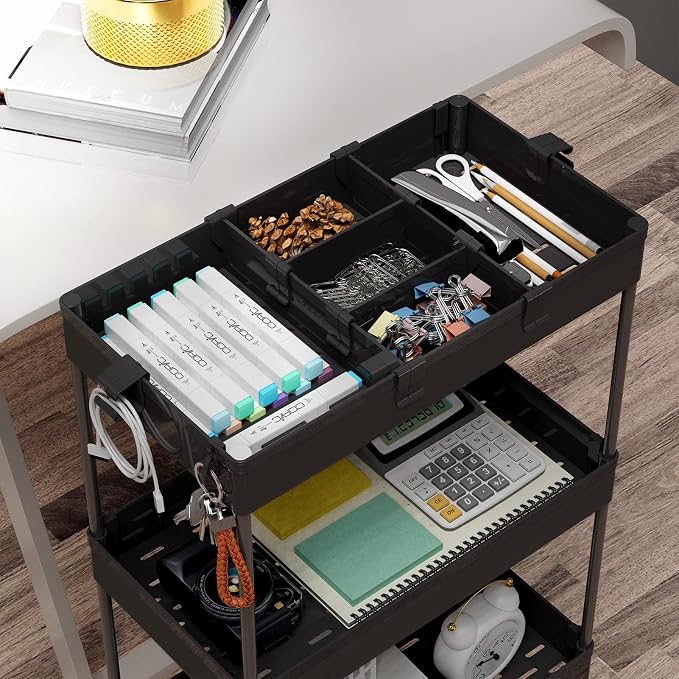 4 Tier Rolling Cart with Wheels, Storage Craft Art Trolley Organizer Serving, 3 Hanging Baskets Easy Assembly, for Office, Living Room, Kitchen