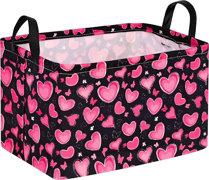 MAIZMZ Empty Gift Basket for Girls Heart Print Storage Cube for Women, Closet Shelf Waterproof Organizer Bins with Handles Nursery hamper Kids Toys Books Box Room Deco