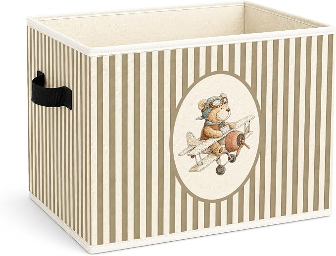 Airplane Bear Pilot Teddy Foldable Fabric Storage Bin | Pilot teddy bear stripe design; foldable fabric storage bin for kids room, nursery, playroom, toys, books, or clothes.