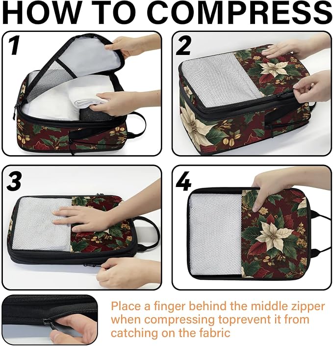 Christmas Poinsettia 6 Set Compression Packing Cubes Red Winter Xmas Expandable Packing Organizer for Travel Accessories Luggage Suitcase Bag