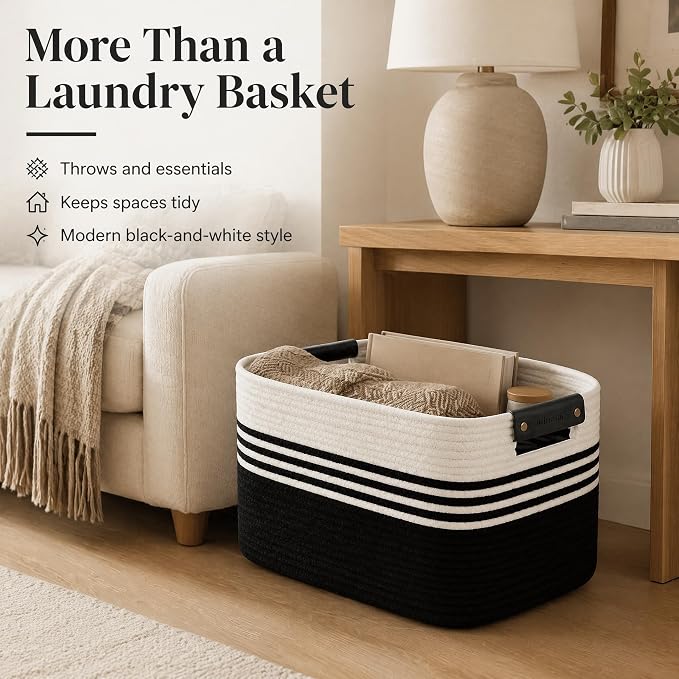 Cotton Rope Laundry Basket Extra Large, 25.4GAL Collapsible Woven Storage Baskets for Living Room Kids Toys Stuffed Animal,Boho Rectangular Decorative Hamper for Dirty Clothes, Blankets White Black