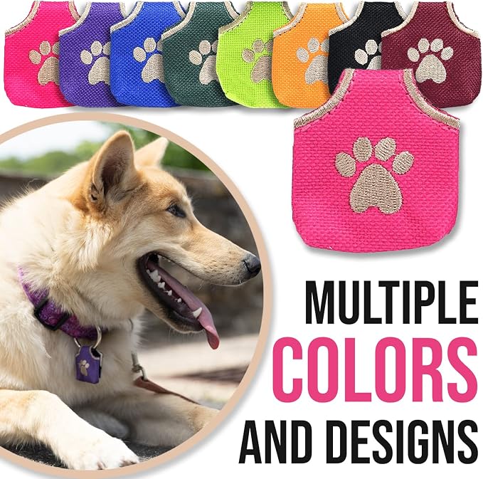 Woofhoof Dog Tag Silencer, Pink Pawprint - Quiet Noisy Pet Tags - Fits Up to Four Pet IDs - Dog Tag Cover Protects Metal Pets IDs, Made of Durable Nylon, Universal Fit, Machine Washable