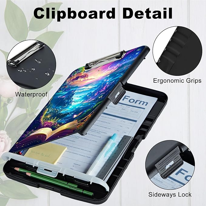 Book Mountains A4 Clipboard with Storage Pen Holder, Clipboards Organizer Nursing Clipboard Foldable File Folder Plastic Clipboard Folio Clip Board for Office Students Classroom Doctor