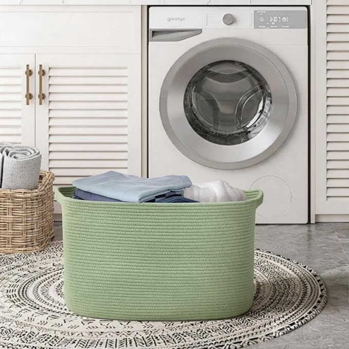 Large Green Baskets for Organizing, 23.6" x 17" x 12" Rectangle Blanket Holder Organizer, Kids Toy Storage Bins, Woven Rope Storage Basket, Green Home Decor Basket, Baby Nursery Storage