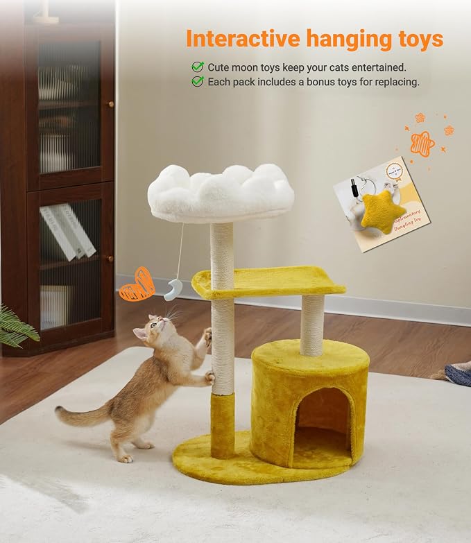 33" Cloud Cat Tree Tower, Cozy Bed & Large Condo for All Cats | 33" Multi-Level Cat Tower, Scratching Posts, Viewing Perch & Toys, Stable Structure, Padded Bed, 13.7"x11.8" Cat Condo