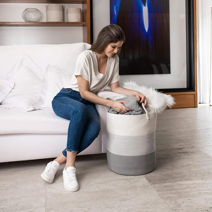 OrganiHaus Tall Cotton Rope Laundry Basket & Hamper, Blanket Storage 52L | 3-Toned Gray - Tall Cotton Rope Hamper, 52L
