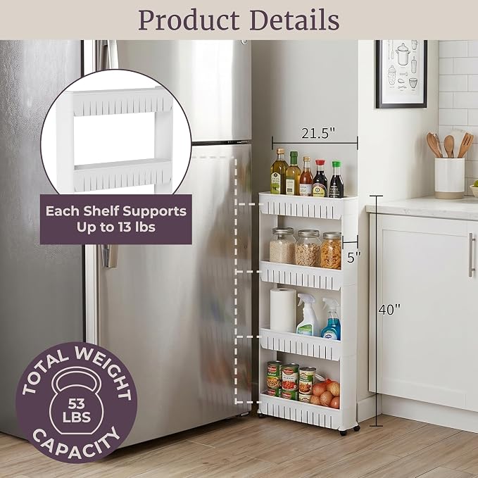 Lavish Home 4-Tier Storage Organizer Rack, White, 21.5” x 5” x 40” | Plastic Rolling Cart for Office, Dorm, Bedroom, Bathroom, and Laundry Room Organizing