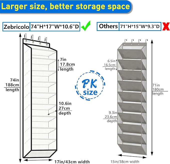 10 Tiers Shoe Organizer for Closet, 20 to 30 Pairs Shoe Rack Door | Extra Deep Pockets Over the Door Shoe Organizer for Dorm and Back Door, Heavy Duty Anti-Scrath Hanging Hooks Shoe Storage