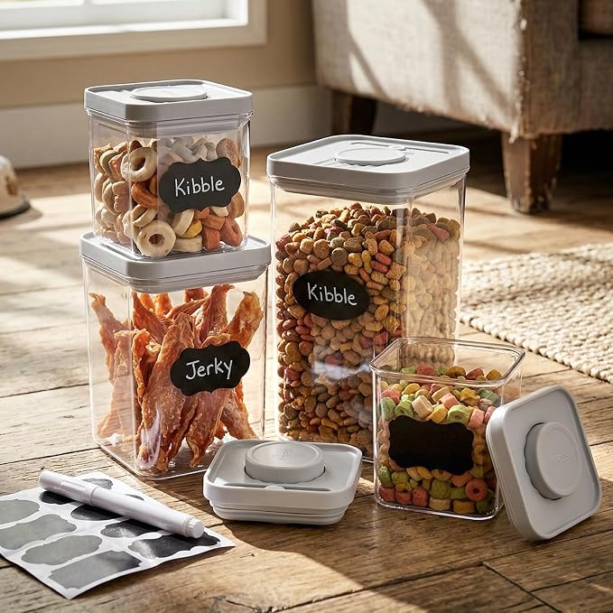 4 Pcs Plastic Dog Treat Container Airtight Lids Dog Food Storage | Sticker Marker and Sort, Reusable Cat Food Cookie Jar, Pet Treat Organizer Set, Outdoor Travel Training & Home Use, 3 Sizes