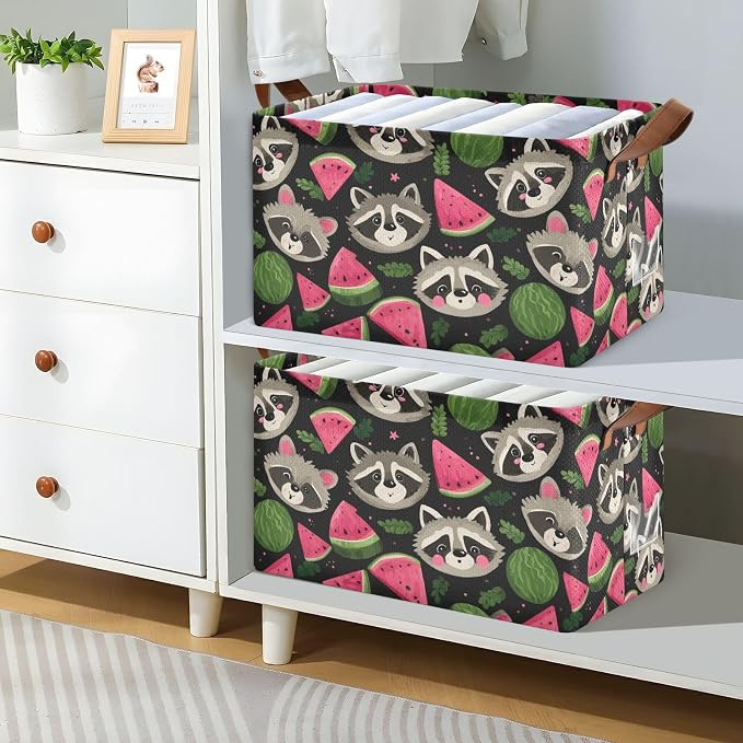 Cute Raccoon with Watermelon Storage Basket Foldable Cube Storage Bins with Handles&Label Waterproof Collapsible Organizer Box Bin Large Rectangle Decorative Baskets for Shelves Home Room Laundry-2 PC