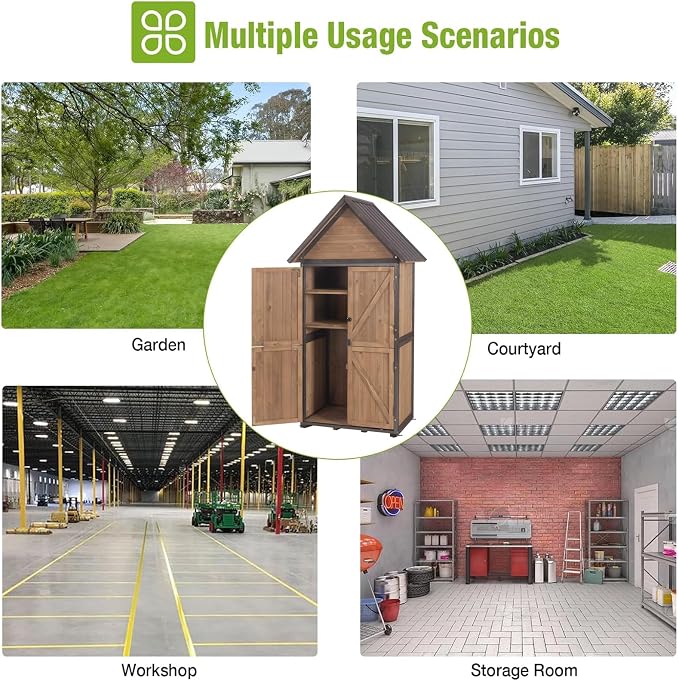 GUTINNEEN Outdoor Storage Shed with All Around Strong Metal Frame, Garden Tool Sheds Cabinet with Floor & Adjustable Shelves, Wooden Tool House for Backyard Garden Patio Lawn 67.1" H (Dark Brown)