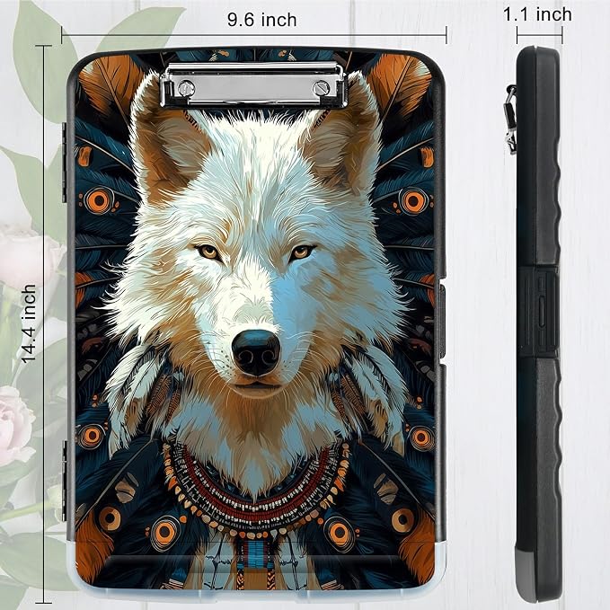 A4 Clipboard with Storage Pen Holder, Clipboards Organizer Nursing Clipboard Foldable File Folder Plastic Clipboard Folio Clip Board for Office Work Classroom Doctor, Feathers White Wolf