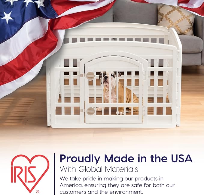 IRIS USA 4-Panel Dog Playpen, Pet Enclosure, White | Puppy Training, Configurable Layout, Multi-Shape Setup, Custom Pen Configuration, Secure Door Latch, Stable Non-Tip Base