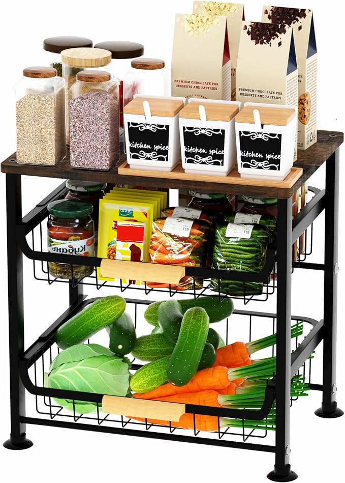 Fruit Vegetable Basket for Kitchen,3 Tier Pantry Organizers and Storage,Snack Organizer for Countertop,Pantry Cart,Metal Wire Storage Shelf Organizer Baskets for Kitchen, Pantry, Bathroom