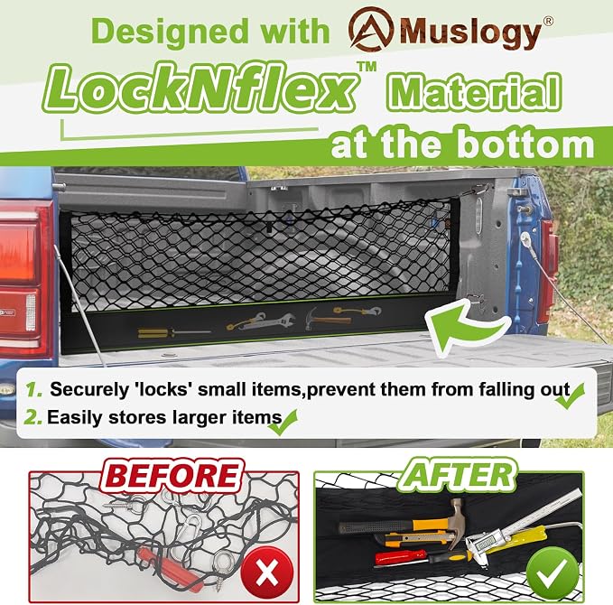 Muslogy Cargo Net for Tesla Cybertruck 2024 2025 2026 Accessories | Custom Fit, Truck Bed Storage Organizer Net for Pickup Truck Bed Divider, Heavy Duty Carabiners, Night Visible Grab Handle