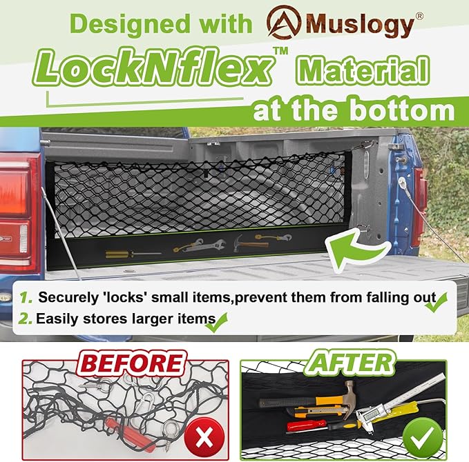 Muslogy Cargo Net for Toyota Tundra 2007-2024 2025 2026 Accessories | Custom Fit, Truck Bed Storage Organizer Net for Pickup Truck Bed Divider, Heavy Duty Carabiners, Night Visible Grab Handle