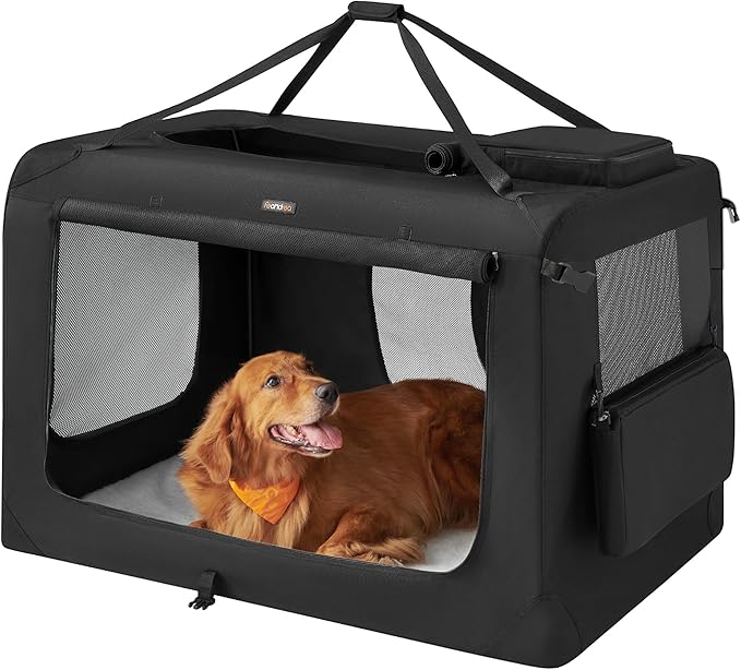 Feandrea Collapsible Soft Dog Crate, Portable Travel, 48 Inches | Dog Carrier Kennel with Safety Zippers for Living Room, Car, Travelling, Black UPDC12H