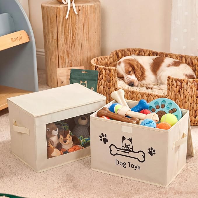 Novabright Dog Toy Basket with Lid Foldable Dog Toy Storage Bin with Clear Window Large Pet Storage Box with Handles for Pet Essentials Organization, 14.9 x 9.8 x 9.8 Inch(Beige)