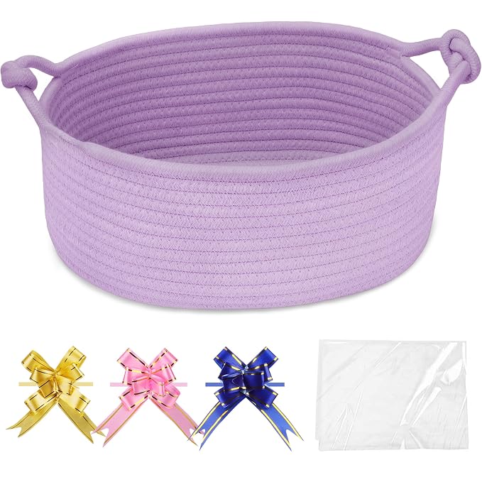 COMSE Small Gift Basket Empty with Bag & Ribbons, Solid Purple | Cotton Rope, 12"x 8"x 5", Pet Toy Storage Organizer, Woven Basket for Birthdays, Baby Showers, Mother’s Day, Valentine’s Day