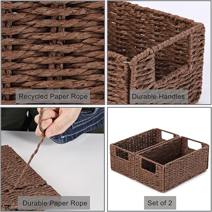 Vagusicc Wicker Storage Basket, Set of 2 Hand-Woven Paper Rope Wicker Basket, Small Storage Baskets for Organizing Toilet Paper Basket, Foldable Large Cube Storage Organizer Bins for Shelves (Brown)