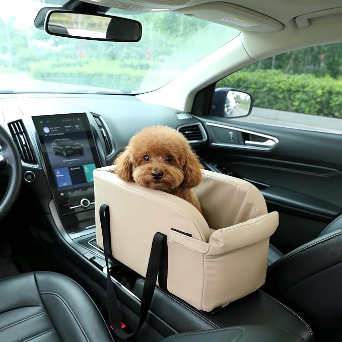 Center Console Dog Car Seat for Pets Up to 9 lb, Light Khaki | Water-resistant faux leather; 16.41 x 7.87 x 8.66 in; pets up to 11 in long. Measure your console before purchase.