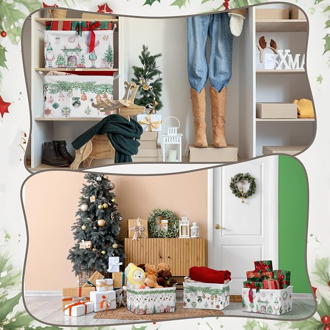 4pcs Christmas Storage Basket Fabric Laundry Baskets with Handle Xmas Foldable Organizer Boxes for Office Home Baby Cloth Toy Book 15 x 10 x 8(Neutral Wind)
