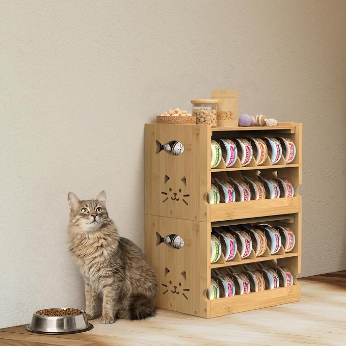Cat Food Organizer Bamboo Adjustable Can Holder 36 (3oz) Cans | FIFO System, Efficient Storage, Easy Access, For Pet Feeding Area and Kitchen Cabinets