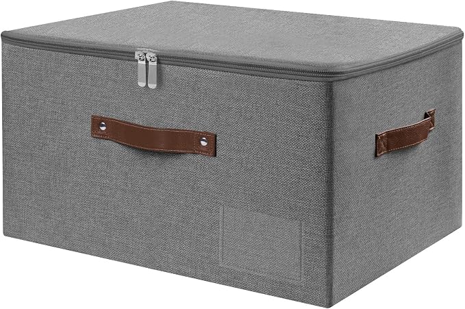 ANMINY Storage Box Fabric Bins with Zipper Lid, 17.7"x13.8"x10" Gray | Keepsake Box, Decorative, Cotton Linen, Reinforced PP Board Frame, Washable, Stackable & Foldable, Label Holder & PU Handles
