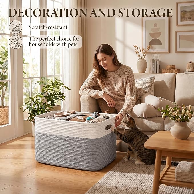 75L Large Cotton Rope Basket, Soft Toy Storage Bin for Nursery & Living Room, Decorative Blanket Basket for Bedroom, Baby-Safe Organizer for Pillows &Laundry, 22''×17''×12'', Grey and White