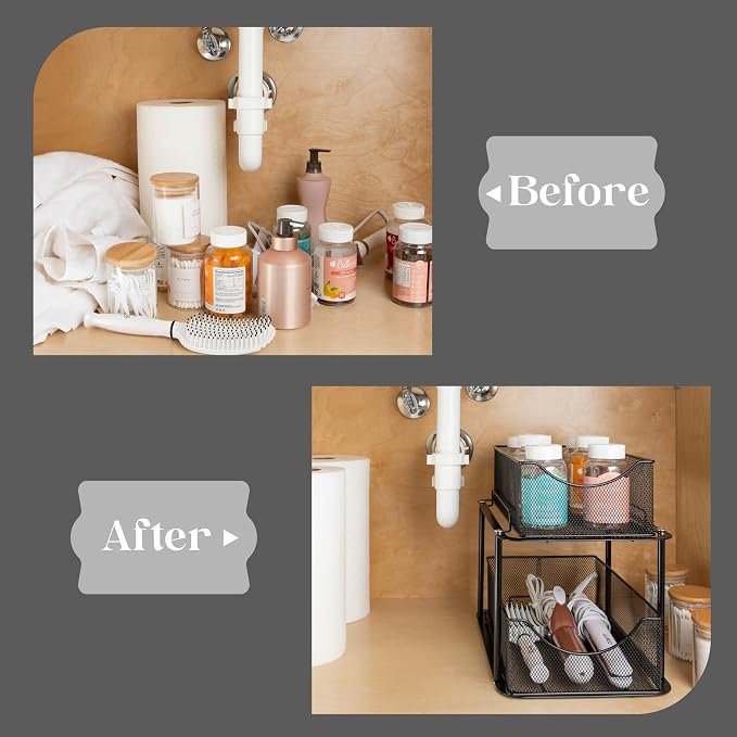 Sorbus Pull-Out Under Sink Organizer, Mesh Construction (Black, 2 Pack) | Two-tier metal organization with strong steel and sliding drawers for bathrooms, kitchens, cabinets, closets and pantries.