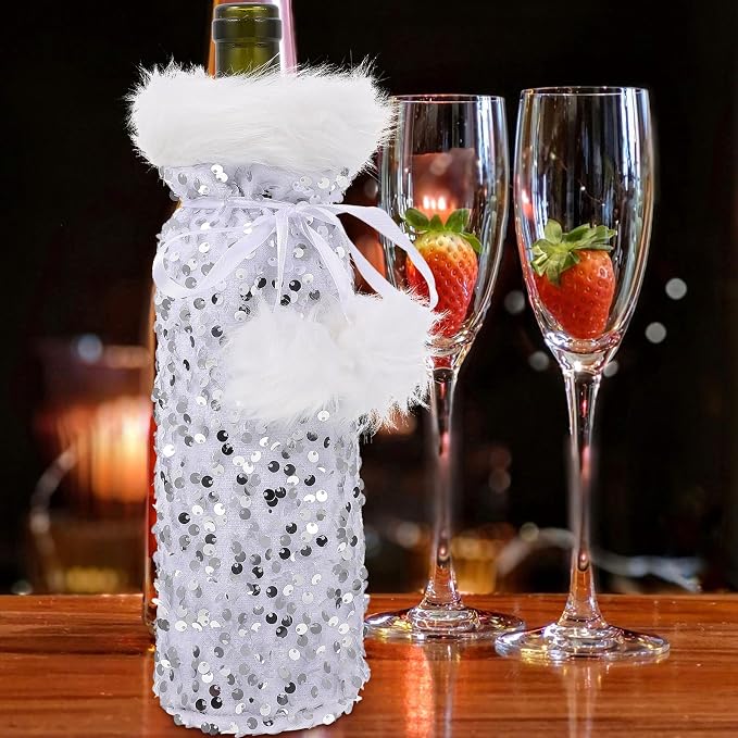 TEHAUX Wine for Bag Bottle Cover with Plush Silver and Christmas Pet Material Protective Drawstring Bottle Bag and Decoration Holiday Coffee Shop and Home Use