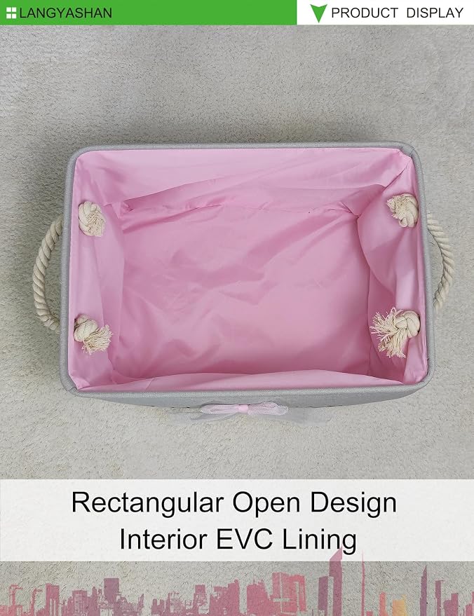 Rectangular Thick Pink Storage Bin Household for Closet Kitchen Office Lace | Foldable Space Saving Canvas Fabric Laundry Hamper with Handles Organizer for Boys Girls Bedroom Shelf Gifts Baskets