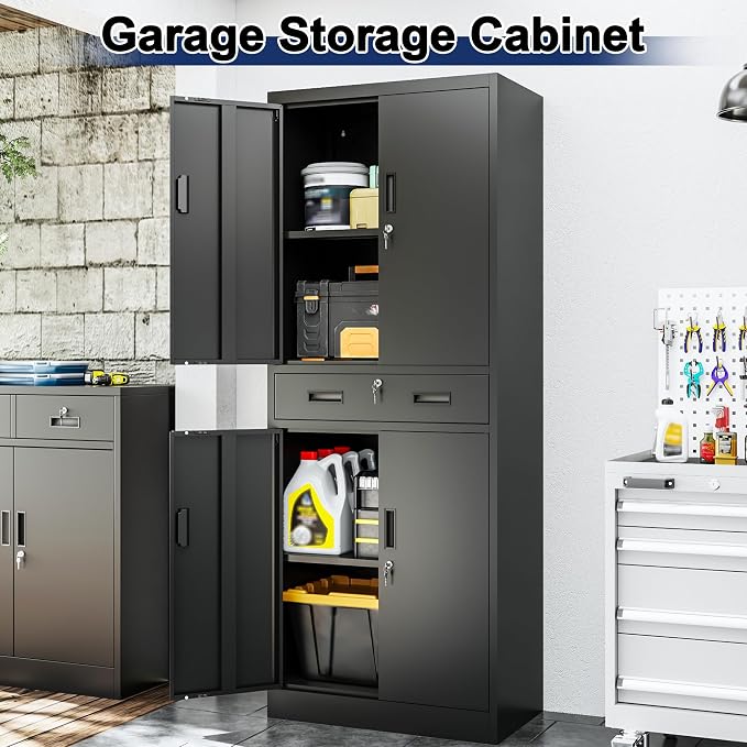 BESFUR Metal Storage Cabinet with a Drawer 4 Doors and 2 Adjustable Shelves Garage Storage Cabinet with Lock 71" Office Storage Cabinets Locking Cabinets for Garage Office Shop Home (Black)
