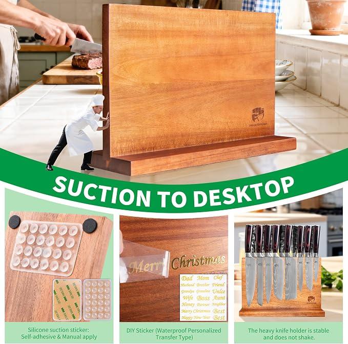 FULLHI Kitchen Magnetic Knife Block Holder Magnetic Strip Natural Wood | with Enhanced Magnets, natural wood, Multifunctional Storage Holder, for Kitchen Utensil, Knife Set, Scissors,Spice Ja