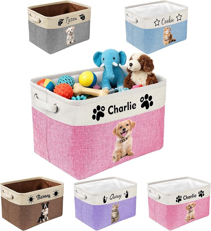 Personalized Dog Toy Storage Basket with Photo Name | Custom Dog Food Organizer Fabric Bins for Clothes Blankets Dolls-Pink