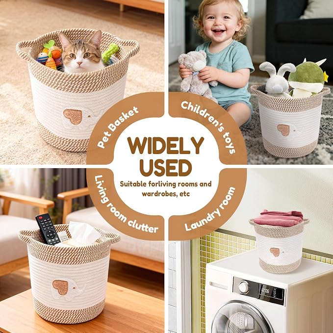Storage Baskets for Organizing, 11” Woven Cotton Rope Storage Bin for Kids Dog Toy Organizer Clothes Hamper for Nursery Laundry, Blanket Basket for Living Room Decor Toy Basket(Style 1)