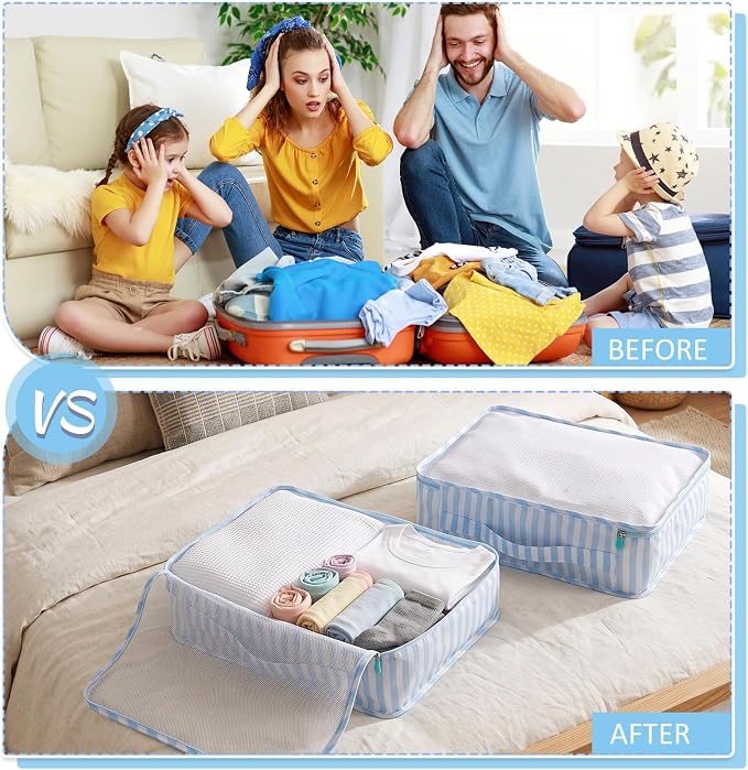 Silkfly 8 Pcs XL Packing Cube for Travel Luggage,Stripe,Blue, White | 17.7 x 13 x 4.7, Same Size, Blue White Stripe Suitcase Storage Organizer Set, Reusable Mesh Clothes Cube for Camp Family