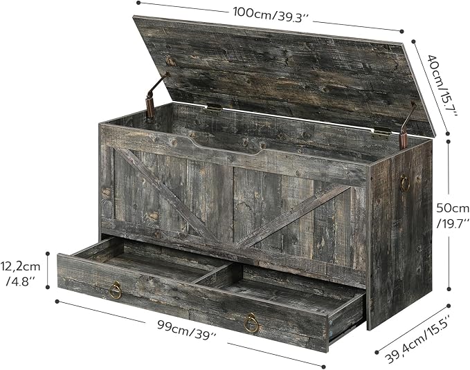 HOOBRO Storage Chest, 39.3" Toy Chest with Drawer, Wooden Storage Bench, Sturdy Entryway Bench Supports 220 lb, Shoe Bench, Safety Hinge, U-Shaped Opening, Easy Assembly, Vintage Gray VP710CW01G2