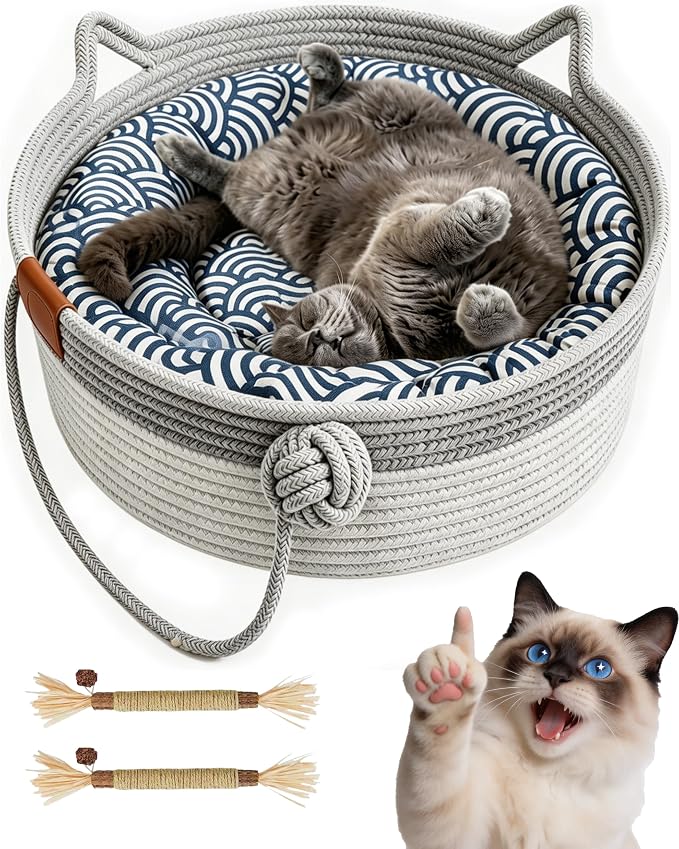 Instinct Basket for Cats,Cat Basket Bed with Cushion & Hanging Ball Toy,Handwoven Cotton Rope Cat Basket (Gray+Mat+Pillow,S(up to 9Lb))