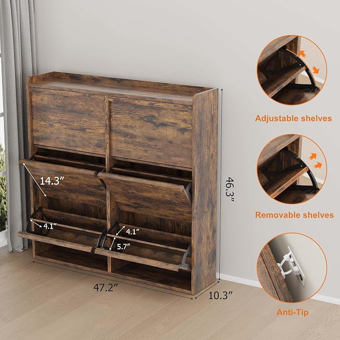 GarveeHome Shoe Cabinet with 6 Flip Drawers, Wooden Shoe Organizer Cabinet with Adjustable Shelf, Shoe Storage for Entryway, Hidden Shoe Cabinet for Hallway, Living Room, Rustic Brown