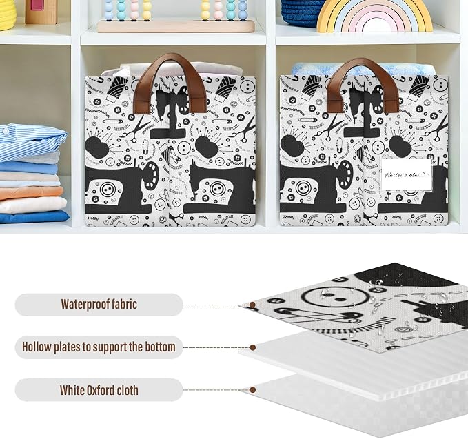 Black White Sewing Tools Printed Storage Basket Foldable Cube Storage Bins with Handles&Label Collapsible Organizer Box Bin Large Rectangle Decorative Baskets for Shelves Home Living Room Closet