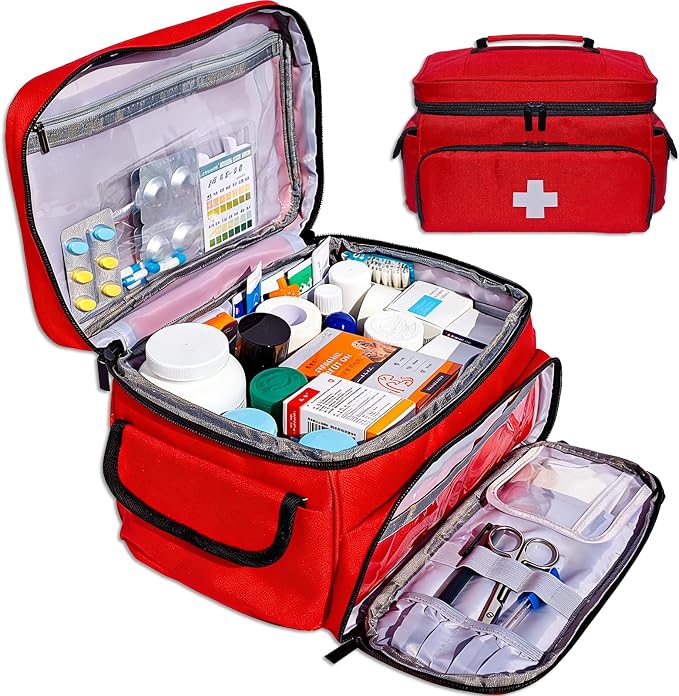 First Aid Bag Empty 12" x 9" x 7" Red Medical Bag Red Pill Bottle Organizer Portable Emergency Bag Travel Medicine Kit Storage Case First Aid Box for Car, Home, Office, Dorm, Outdoor (Small)